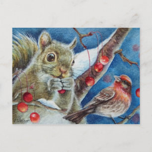 Carte Postale Aquarelle d'hiver Oiseaux Finds Berries Aquarelle 