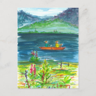 Carte Postale Aquarelle du lac d'Orange Kayak Mountain
