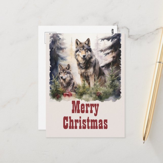 Carte Postale Aquarelle du loup de Noël (Devant/Arrière en situation)