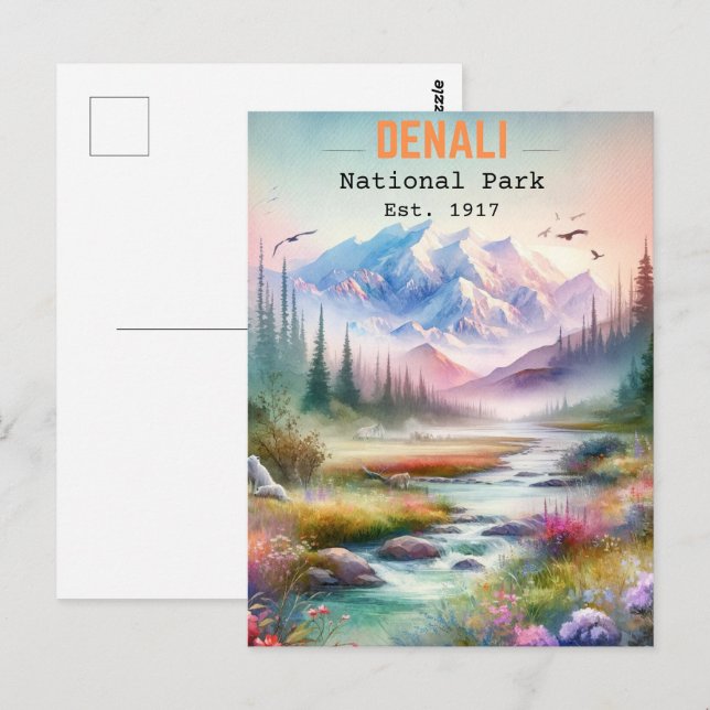 Carte Postale Aquarelle du mont Alaska du parc national Denali (Devant / Derrière)