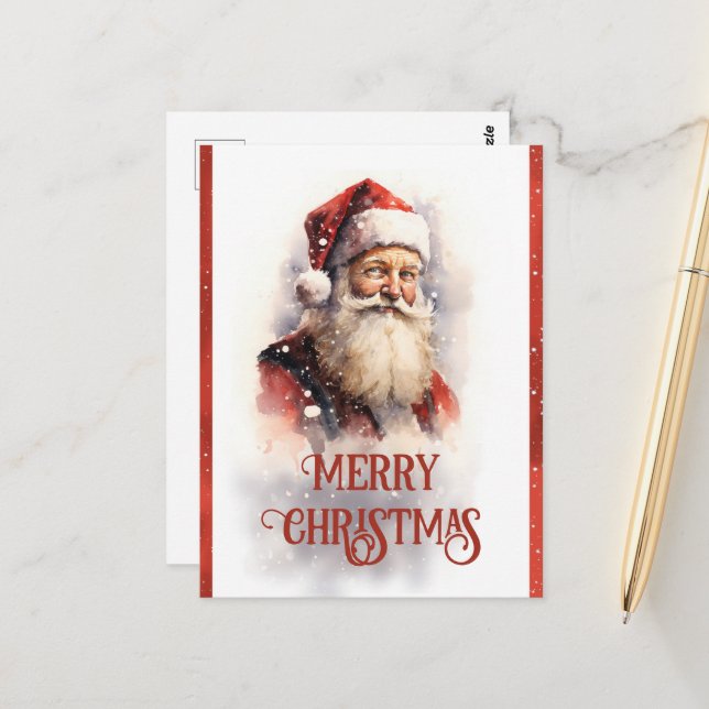 Carte Postale Aquarelle du Père Noël souriant (Devant/Arrière en situation)