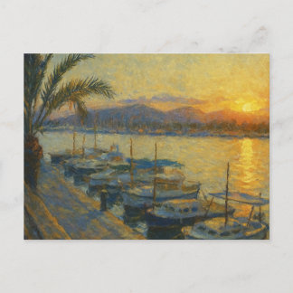 Carte postale aquarelle du port au coucher du sole