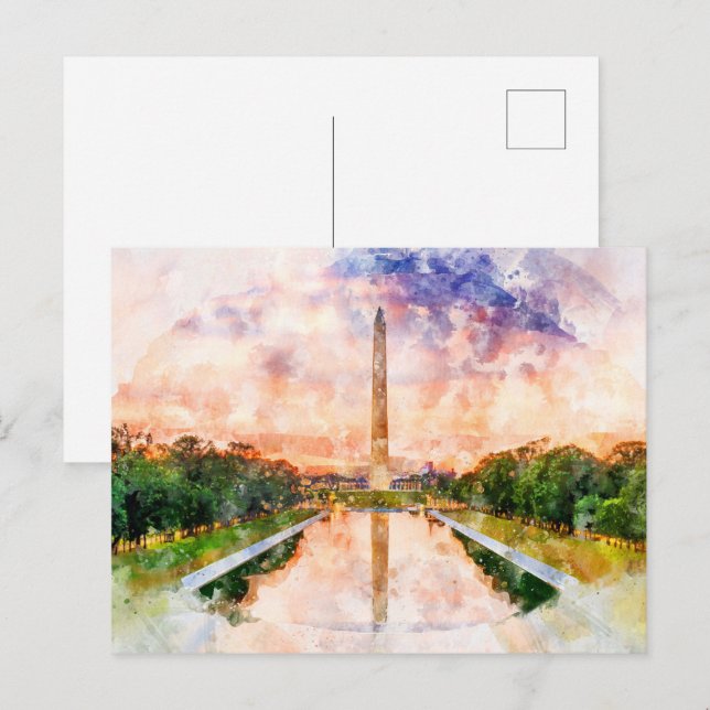 Carte Postale Aquarelle du Washington Monument au coucher du sol (Devant / Derrière)
