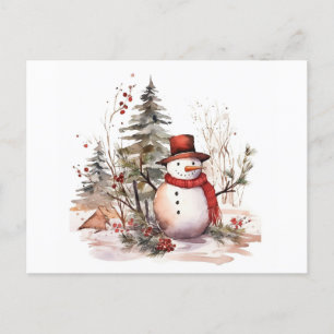 Carte Postale Aquarelle d'un bonhomme de neige dans un casquette