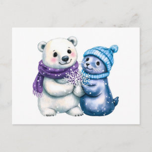 Carte Postale Aquarelle d'un ours polaire et d'un phoque