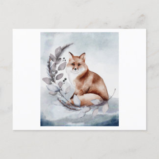 Carte Postale Aquarelle d'un renard avec une fleur