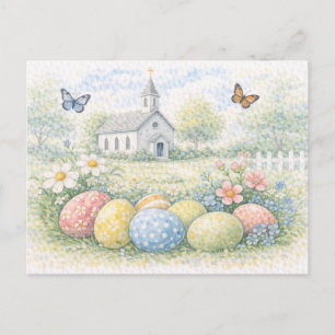 Carte postale aquarelle d'une église rustique de P