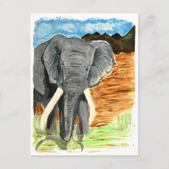 Carte Postale Aquarelle éléphante avec montagnes (Devant)
