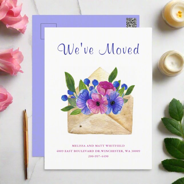 Carte Postale Aquarelle Enveloppe florale l Nous avons déménagé  (Créateur téléchargé)