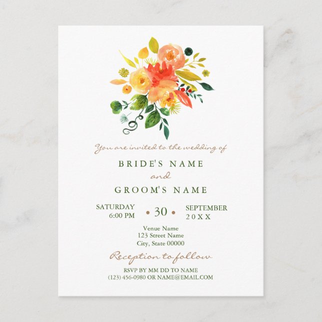 Carte Postale Aquarelle faire-part de mariage fleurie orange (Devant)