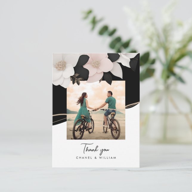 Carte Postale Aquarelle feuillage photo mariage merci (Debout devant)