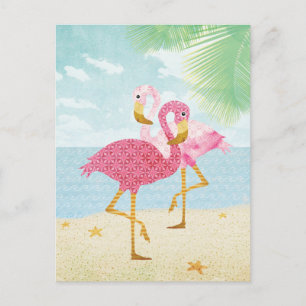 Carte Postale Aquarelle Flamants roses roses sur la plage