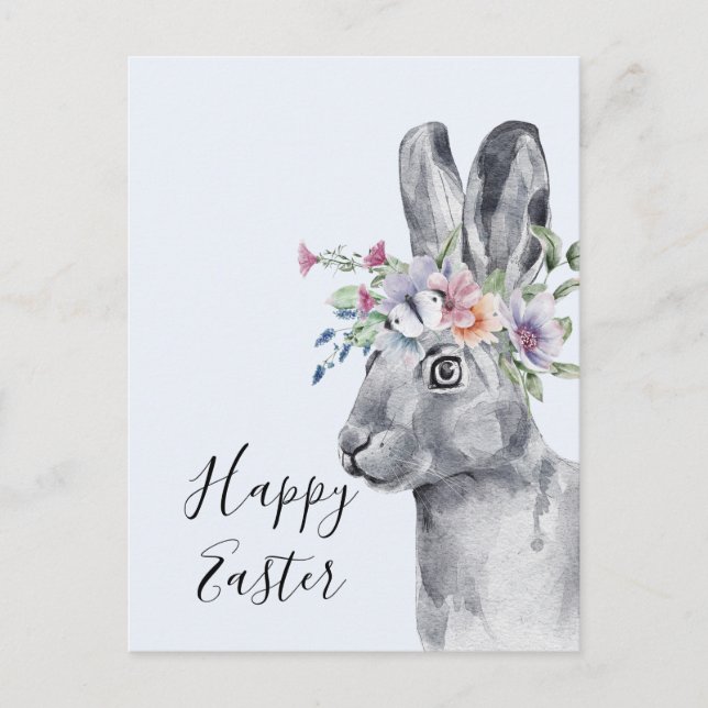Carte Postale Aquarelle Fleur Couronne Bunny Pâques (Devant)