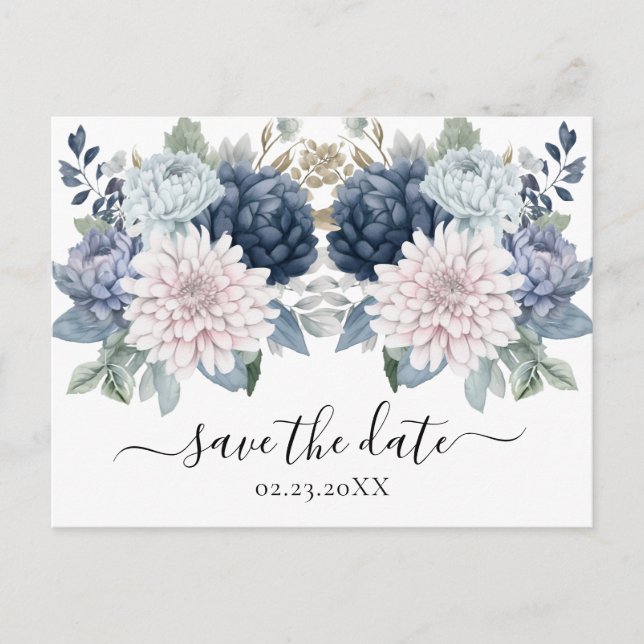 Carte Postale Aquarelle Fleurs bleu poussiéreux Enregistrer la d (Devant)