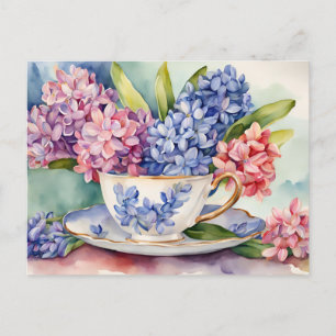 Carte Postale Aquarelle Fleurs Hyacinth dans une Teacup Vintage