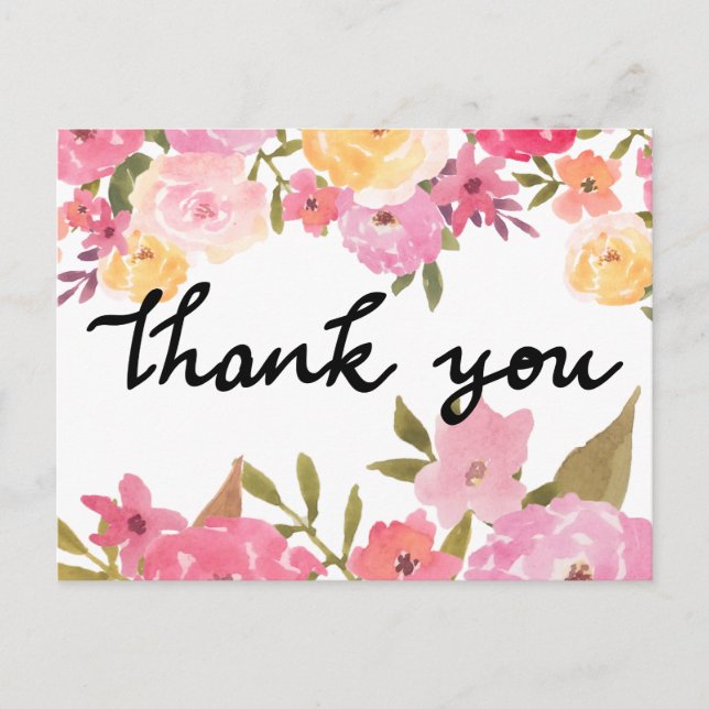 Carte Postale Aquarelle Fleurs Merci Typographie Mariage (Devant)