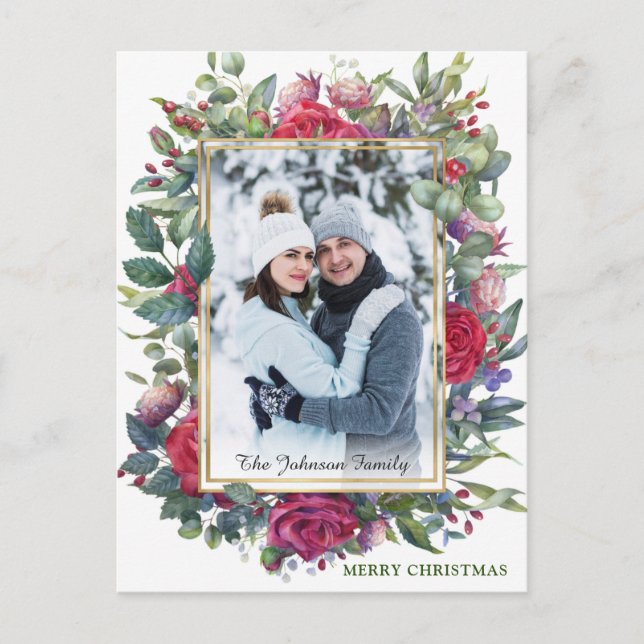 Carte Postale Aquarelle Fleurs Roses d'hiver Photo Noël (Devant)