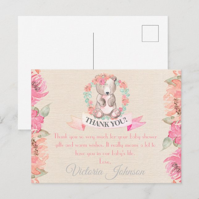 Carte Postale Aquarelle Floral Bear Baby shower Merci (Devant / Derrière)