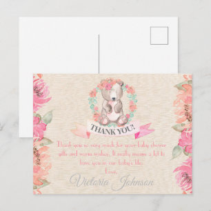 Carte Postale Aquarelle Floral Bear Baby shower Merci