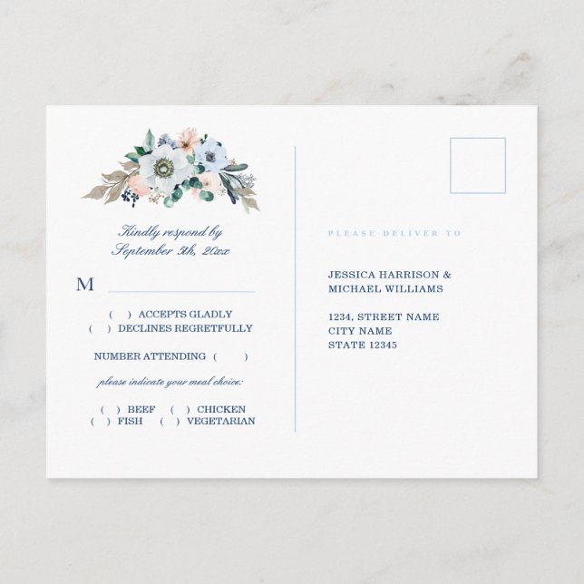 Carte Postale Aquarelle Floral Blue Stripes Plage Mariage RSVP (Dos)