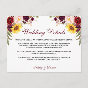 Carte Postale Aquarelle Floral Détails du Mariage Insérer une ca