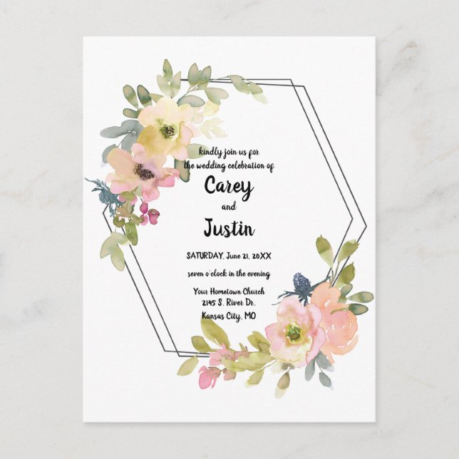 Carte Postale Aquarelle Floral Mariage géométrique (Devant)