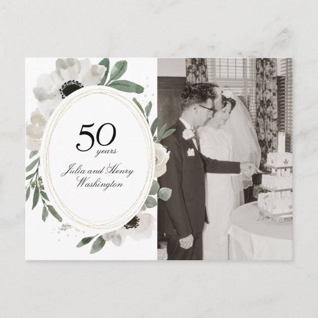 Carte Postale Aquarelle Floral Or Photo 50e Anniversaire (Devant)