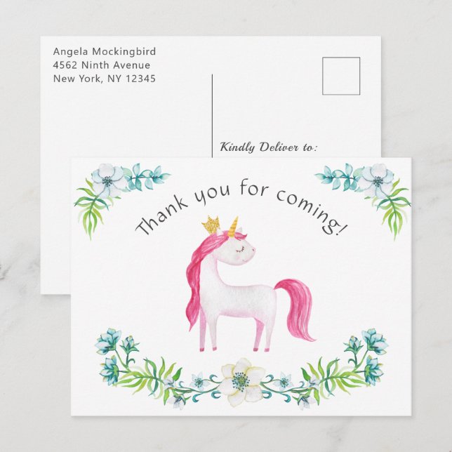 Carte Postale Aquarelle Floral rose Unicorn Merci (Devant / Derrière)
