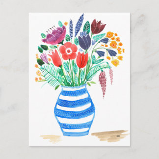 Carte Postale Aquarelle Floral Vase Bleu, Fleurs Lumineuses