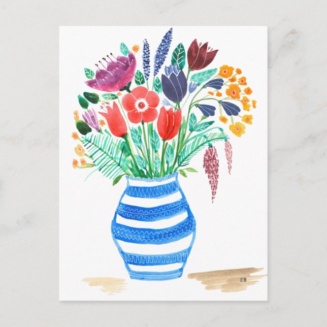 Carte Postale Aquarelle Floral Vase Bleu, Fleurs Lumineuses (Devant)