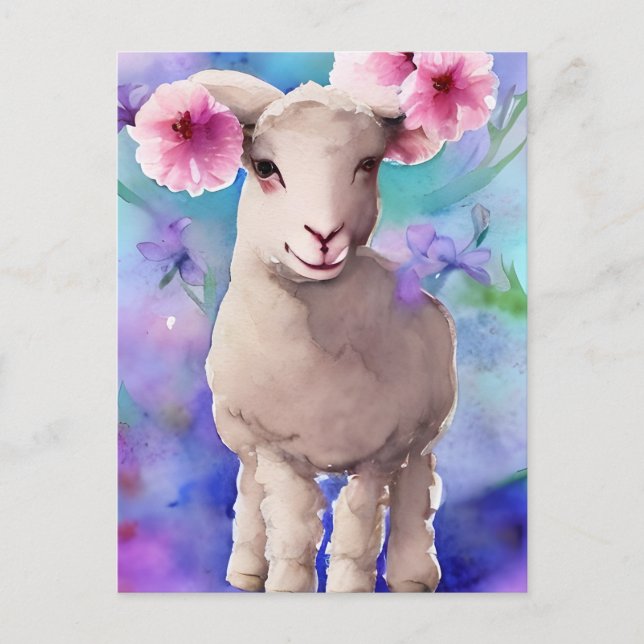 Carte postale aquarelle florale agneau de Pâques d (Devant)
