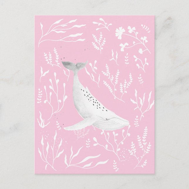 Carte Postale Aquarelle Florale Baleine à bosse rose (Devant)