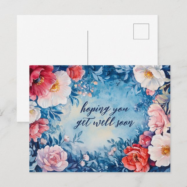 Carte Postale Aquarelle florale bleu rose S'AVÉRER BIENTÔT PERSO (Devant / Derrière)