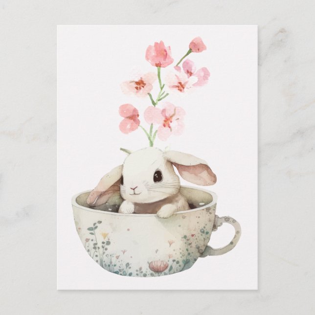 Carte Postale Aquarelle florale mignonne tasse de thé lapin (Devant)