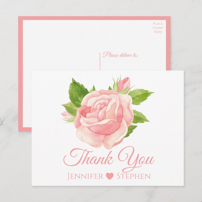 Carte Postale Aquarelle florale Rose Mariage Merci (Devant / Derrière)