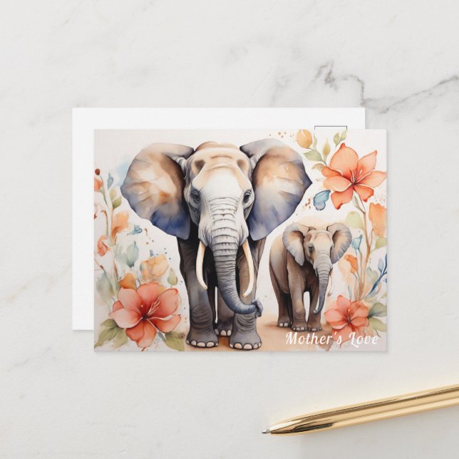 Carte Postale Aquarelle florale unique mère et enfant éléphant (Devant/Arrière en situation)