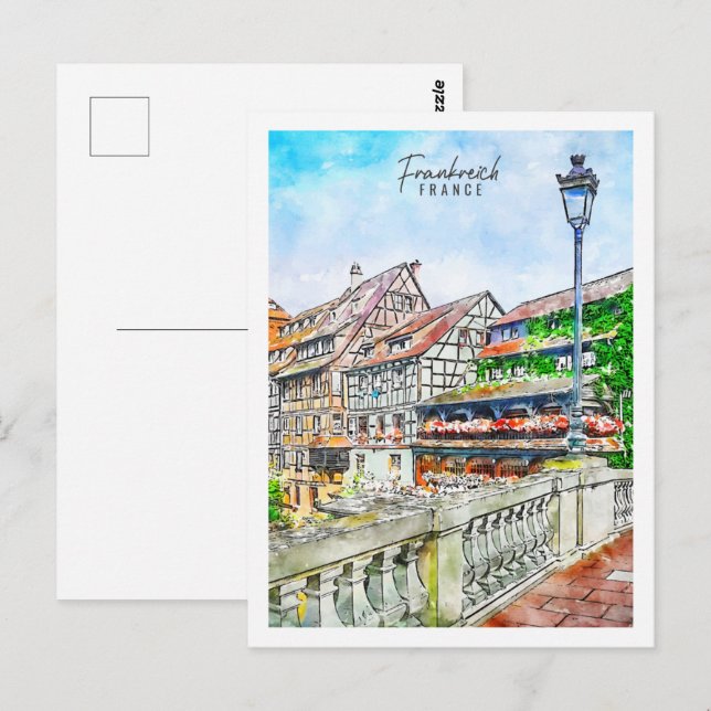 Carte Postale Aquarelle Frankreich France Travel Place (Devant / Derrière)