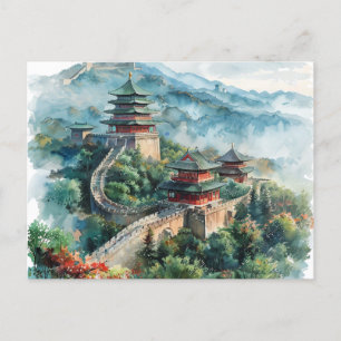 Carte Postale Aquarelle Grande Muraille Chine Asie Voyage