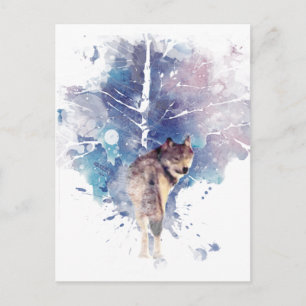 Carte Postale Aquarelle Gris Loup Faune Animal Nature Art