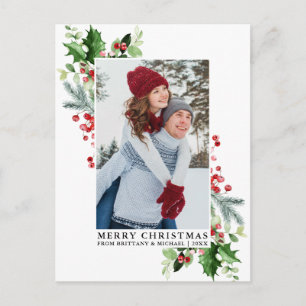Carte Postale Aquarelle Holly Noël Vert Couple Photo