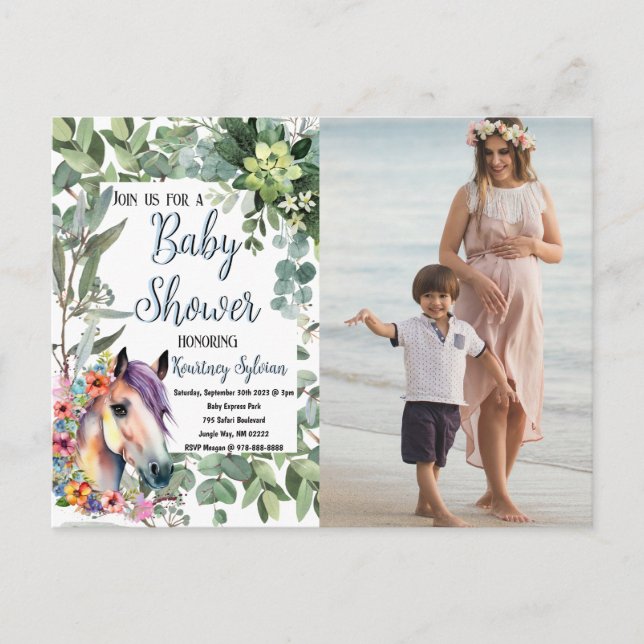 Carte Postale Aquarelle Horse Floral Baby shower photo personnal (Devant)