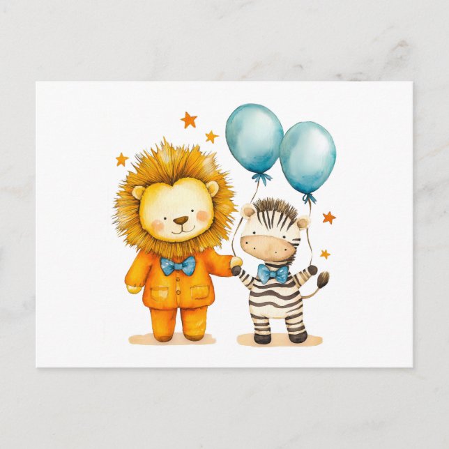 Carte Postale Aquarelle Illustration de Lion et Zèbre avec Bal (Devant)