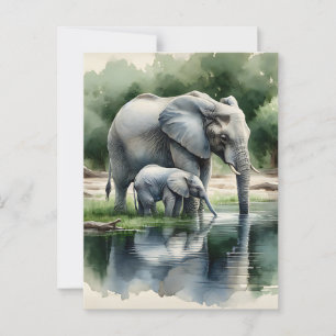 Carte Postale Aquarelle Illustration de maman et bébé éléphant