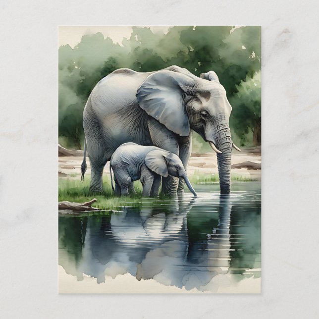 Carte Postale Aquarelle Illustration de maman et bébé éléphant (Devant)