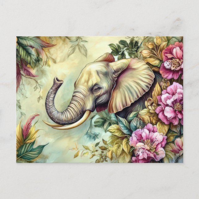 Carte Postale Aquarelle Illustration d'un éléphant avec des fleu (Devant)