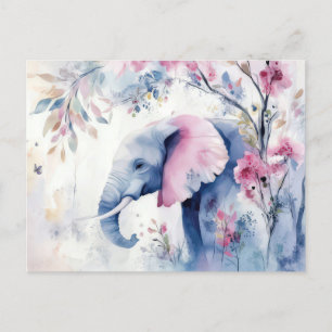 Carte Postale Aquarelle Illustration d'un éléphant avec des fleu