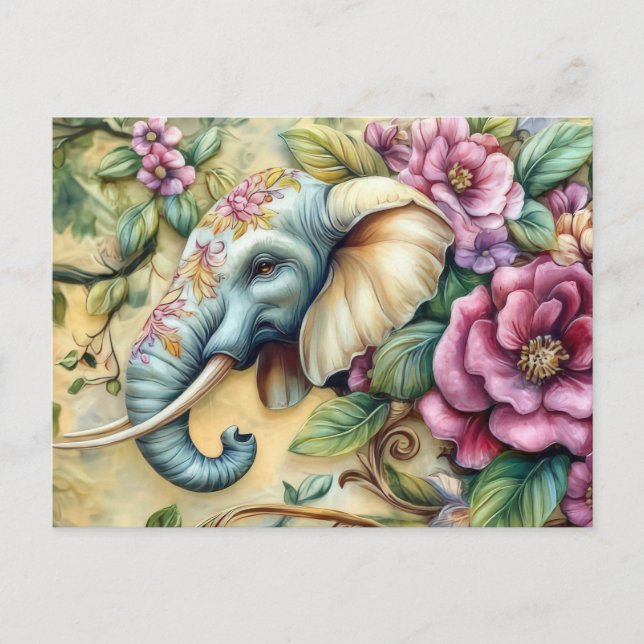 Carte Postale Aquarelle Illustration d'un éléphant avec des fleu (Devant)