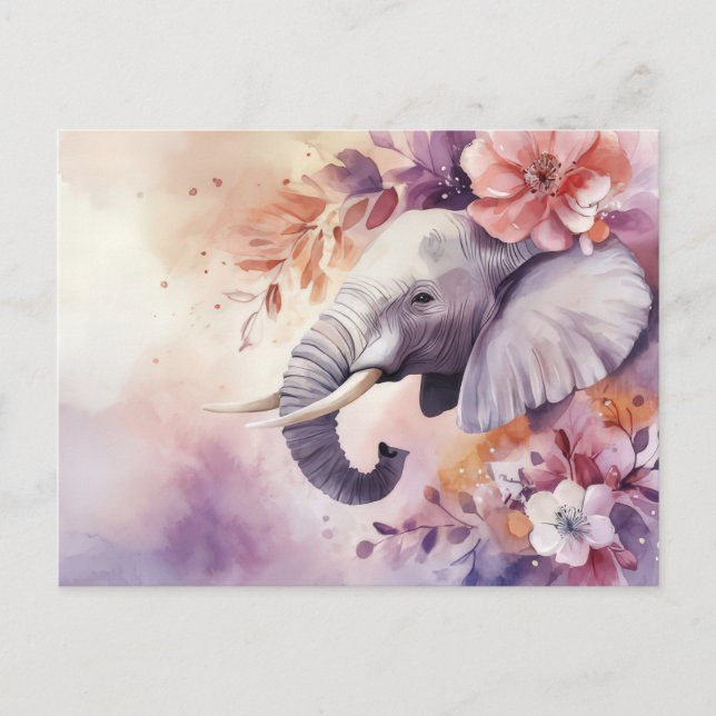 Carte Postale Aquarelle Illustration d'un éléphant avec des fleu (Devant)