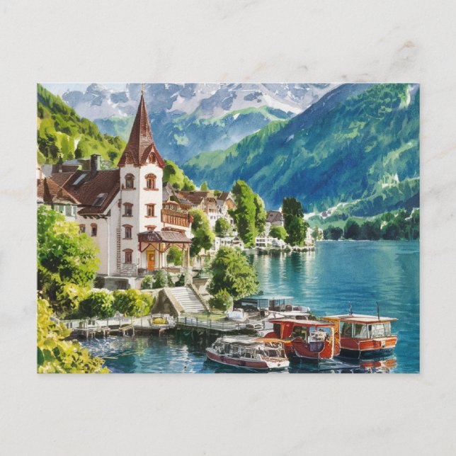 Carte Postale Aquarelle Interlaken Suisse (Devant)