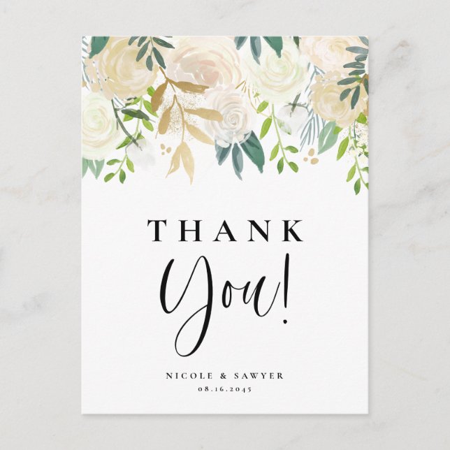 Carte Postale Aquarelle Ivoire Peonies Or Mariage Merci (Devant)